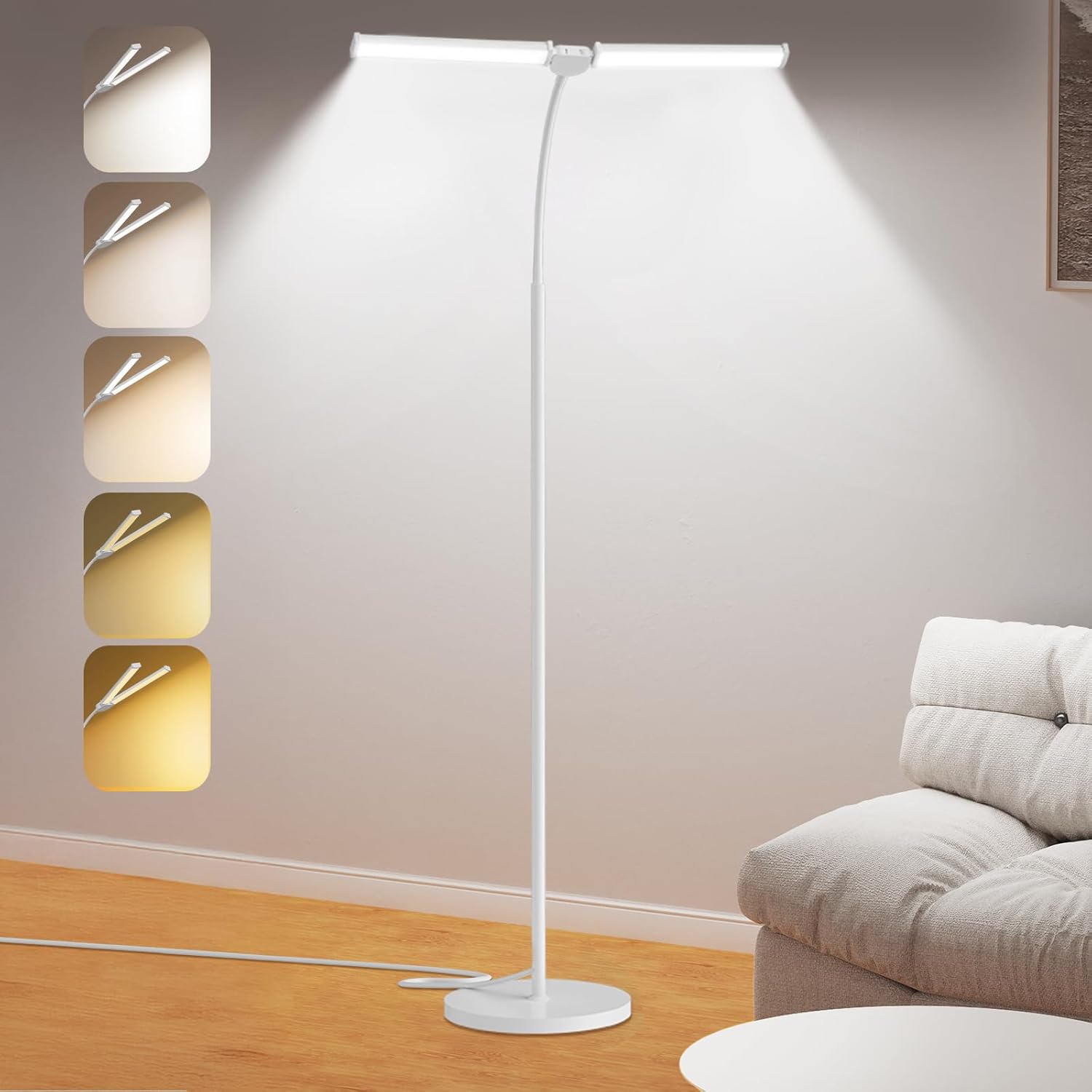 LED Floor Lamp with Dual Head Adjustable Brightness and Color for Living Room and Office