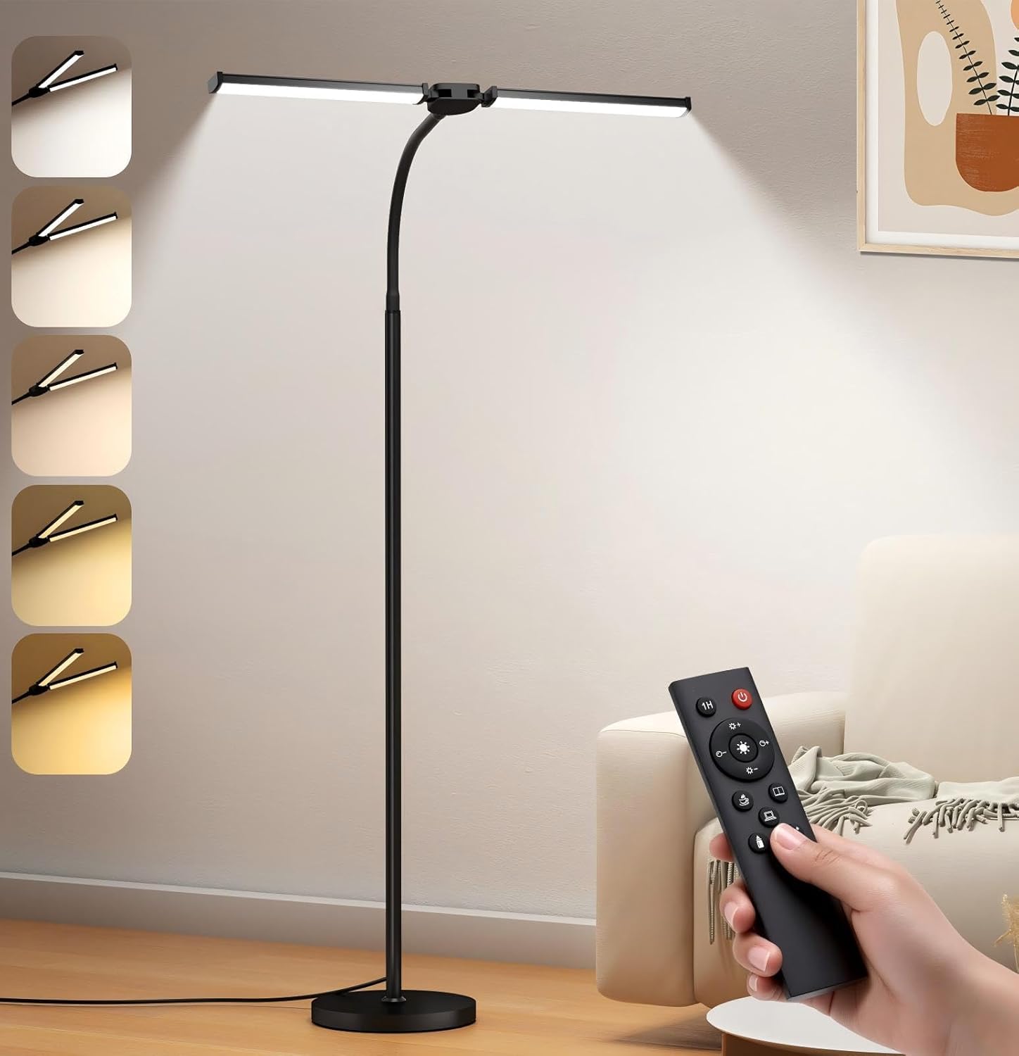 LED Floor Lamp with Dual Head Adjustable Brightness and Color for Living Room and Office