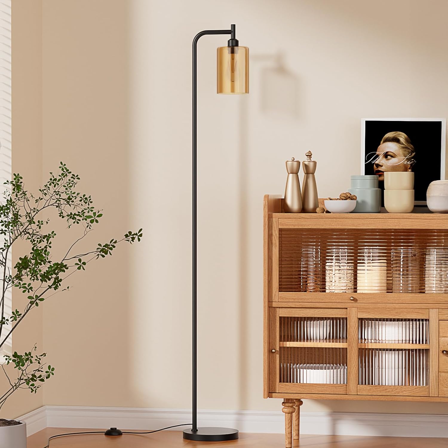 Modern Black Floor Lamp with Clear Glass Shade and LED Bulb